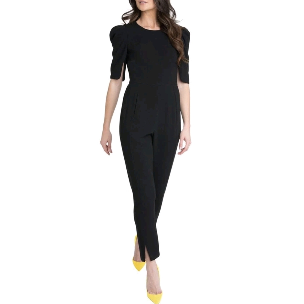 Black Halo | Russo Jumpsuit Black Size 4 Made In USA Puff Sleeves Pockets Crepe